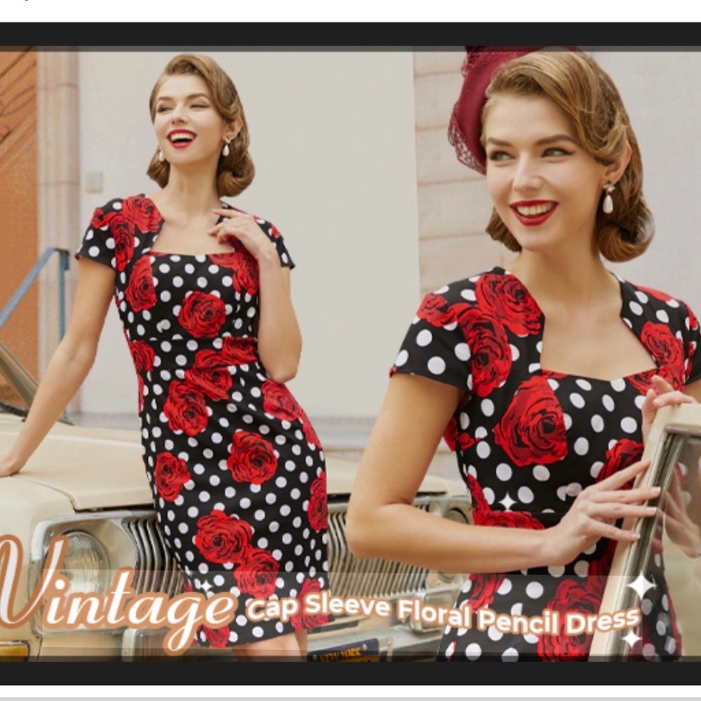 Grace Karin Women’s L Rockabilly Retro Pencil dress black white polka dot Roses